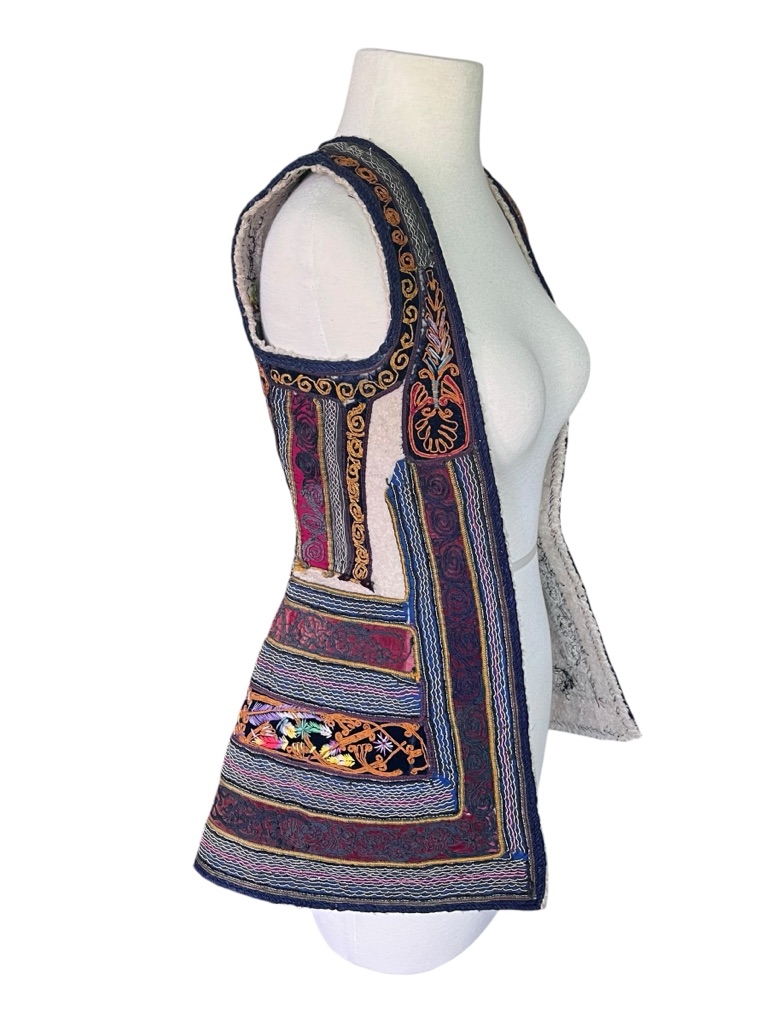 Vintage Handcrafted Embroidered Tribal Vest - Navy & Cream Quilted Wool